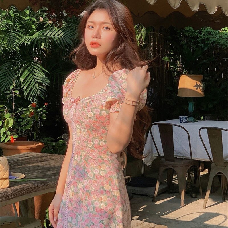 Summer Sexy Floral Mini Dress Women Elegant Korean Sweet Cute Designer Dress Female Casual High Street Bandage Beach Dress 2021