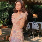 Summer Sexy Floral Mini Dress Women Elegant Korean Sweet Cute Designer Dress Female Casual High Street Bandage Beach Dress 2021