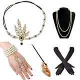 5pcs/set 1920s Flapper Costume Medallion Pearl Headband Necklace Bracelet Gloves Cigarette Holder