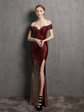 Sexy Backless Off Shoulder Evening Dress Slim Slash Neck Sequins Formal Party Gown Side Split Women Vestidoes New