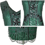 Vintage 1920s Flapper Beaded Sequin Party V-Neck Sleeveless Art Deco Charleston Dress