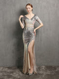 New White Long Slit Party Dress Women See-through Sequin Evening Dress