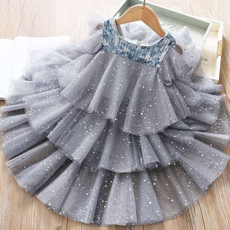 Kids Princess Dress Girls Summer Puffy Lace Mesh Layer Sequined Fairy Party Costume Wedding Birthday Children Vestidos Clothes