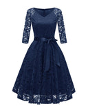 3/4 Long Sleeve Women Lace Party Dress Retro Vintage French Solid Color Sleeveless Formal Midi Robe Knee Length A Line Dresses
