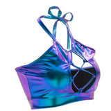 Sexy Wetlook Metallic Crop Shiny Halter Backless Lace-up Holographic Cami Tank Rave Dance Vest Top Party Clubwear