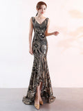 Asymmetrical Floor-Length Tulle Sequins V-Neck Sleeveless Party Dresses Embroider Vestidoes Formal Robe