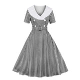 50s Summer Plaid Printed Casual Party Dress Cotton Vintage Short Sleeve Button Turn Down Neck Swing Tunic Midi Dresses With Belt