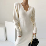 Elegant Winter Warm Thick Soft Knitted Sweater Dress Woman Long Sleeve U Neck Bodycon Midi Dress