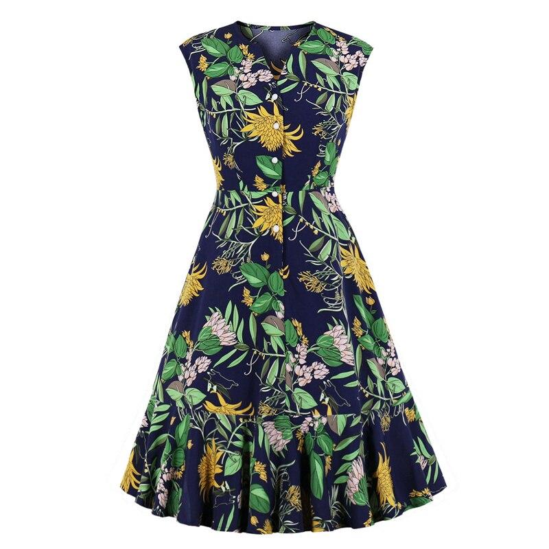 2023 Botanical Print Vintage High Waist Elegant Ruffle Hem Runway Dresses Women V Neck Single Breasted Sleeveless Summer Dress