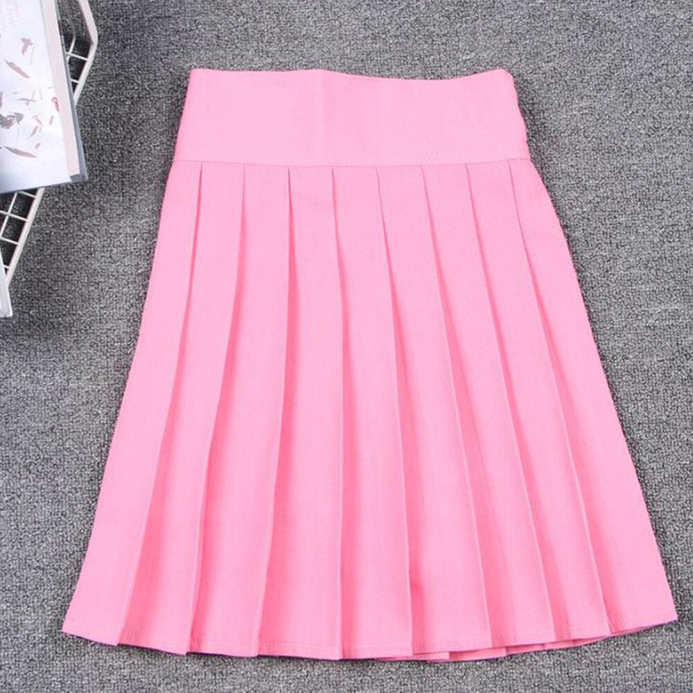 Summer Women Korean Solid Kawaii Big Swing Umbrella High Waist School Ladies Mini Saia Skater Skirt