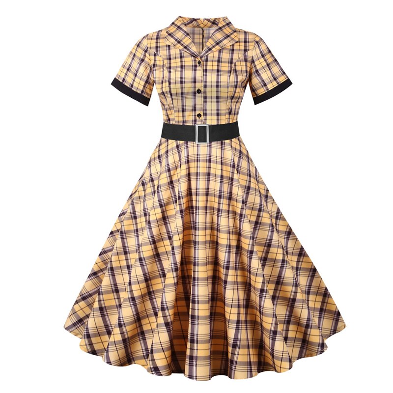 Turn Down Collar Button Up Plaid Vintage Short Sleeve Summer Women Casual A-Line Belted Swing Dresses