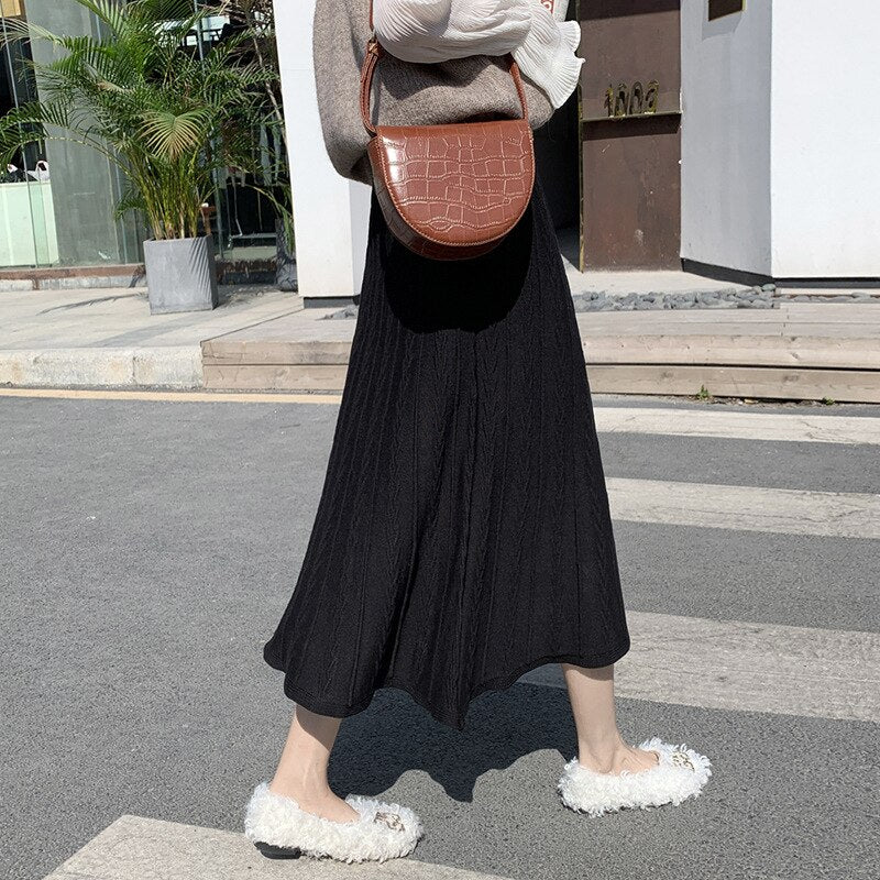 Women Casual High Waist Jacquard A-Line Elegant Midi Warm Knit Skirt Streetwear