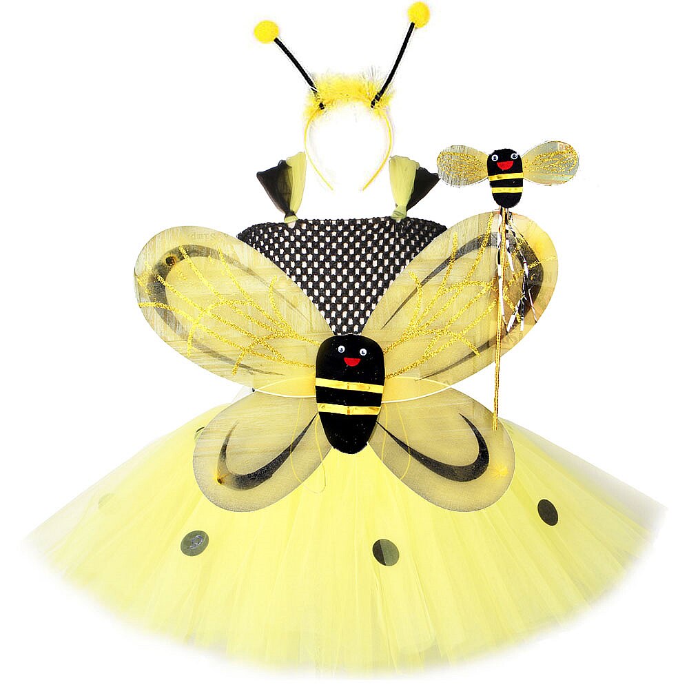Cute Honeybee Children Kids Dresses Girls Tinkerbel Costumes Butterfly Wings Fairy Tutu Dress Bee Princess Ball Gown with Dots