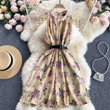 Beach Chiffon Floral Summer Dress Round Neck Sleeveless Casual Mini Dress With Belt