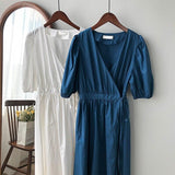 Elegant Solid Color Women Casual Dress White Blue Vintage Tunic Midi Rockabilly Party Sundress V Neck Office Drawstring Clothing