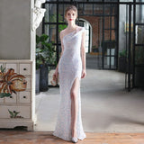 New One Shoulder Party Maxi Dress Sexy Slit Sequin Evening Dress