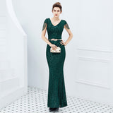V-neck Sequins Evening Dress Women Elegant Beaded Long Evenning Party Dress Mermaid Formal Dresses