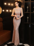Elegant Maxi Dress Gold Sequin Evening Dress Women Formal Long Sleeve Beads Party Dress