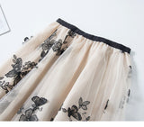 Women Mesh High Waist A-Line Chic Embroidered Yarn Elegant OL Skirts Butterfly Streetwear