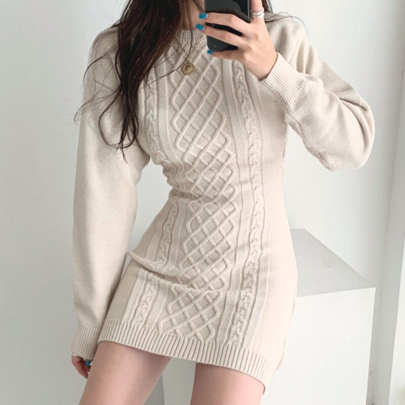 Fashion Hollow Out Waist Sweater Dress Women Autumn Winter High Elastic Twist Knitted Dress Casual Bodycon Mini Dress 4 Colors