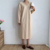 Solid Elegant Knitted Dress Autumn Winter V Neck Long Sleeve Casual Loose Midi Dress