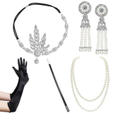 5pcs/set 1920s Great Gatsby Accessories Set Women 20s Costume Flapper Headband Pearl Necklace Bracelet Earring Cigarette Holder