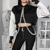 Grunge Chain Women Hoodies Cotton Hooded Sweatshirts Pullovers Streetwear Y2K Long Sleeve Loose Short Crop Top Plaid Tops