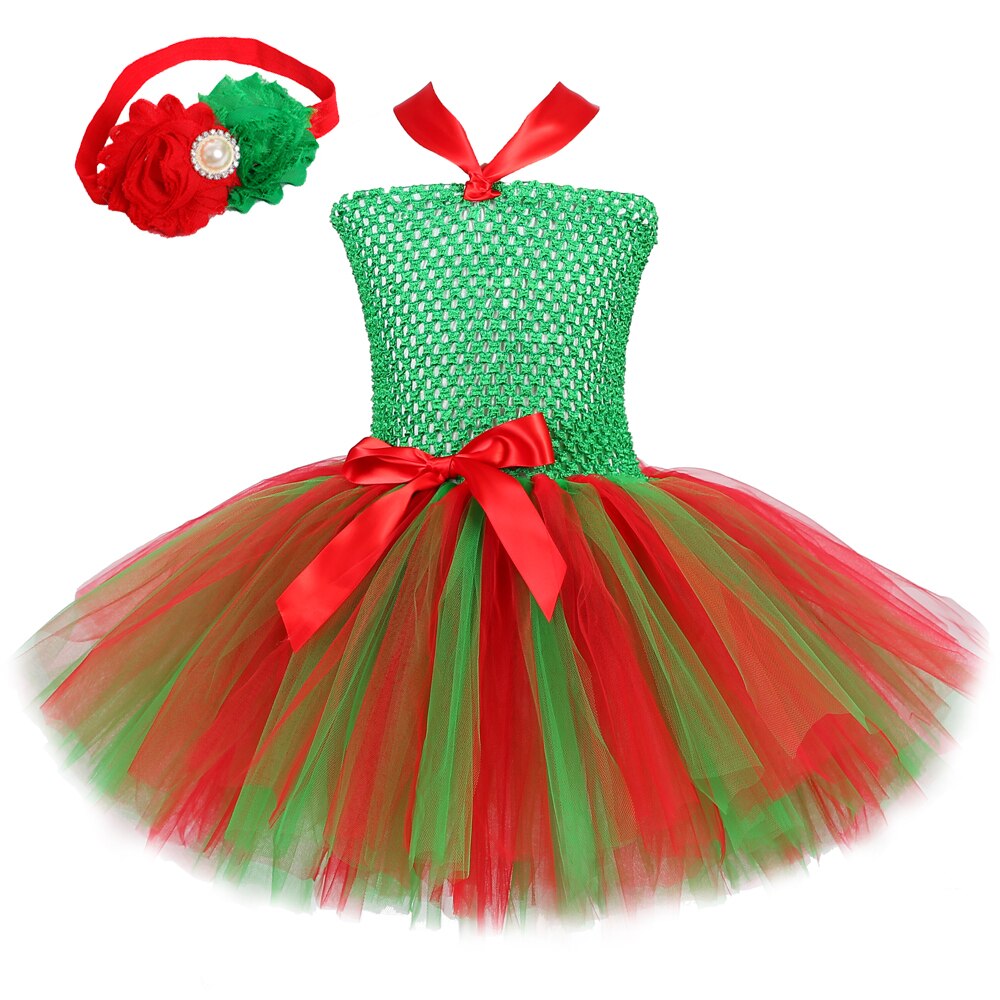Christmas Tutu Dress for Girls New Year Costume Kids Xmas Party Dresses with Flower Headband Toddler Baby Girl Clothes Red Green