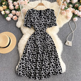 Leaf Floral Print Women Summer Short Puff Sleeve Casual Midi Dress Knee Length Square Neck Elegant Vintage Dress