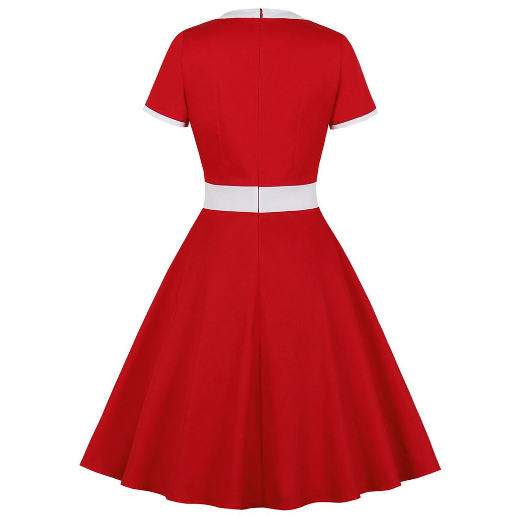 Solid Color A Line Swing Retro Vintage Dress Short Sleeve Hepburn Party Sundress Cotton Red Women Summer Casual Daily Dresses
