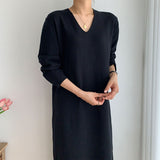 Solid Elegant Knitted Dress Autumn Winter V Neck Long Sleeve Casual Loose Midi Dress