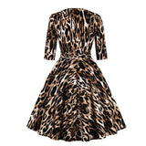 Zipper Front Leopard Print Rockabilly Elegant Women Vintage Dress 3/4 Length Sleeve Autumn Cotton Dresses with Belt