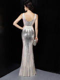 Mermaid Bright Sequin Long Evening Dress Party Etiquette Celebration Robe Dress Sleeveless V-neck Sexy Gowns