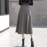 Vintage Women Long Woolen Retro Pleated Plaid Black A-line Skirts