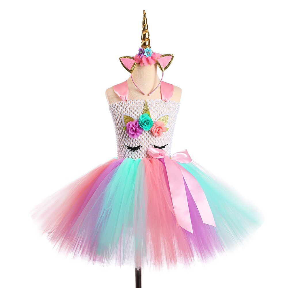 Flower Pastel Unicorn Kids Dresses for Girls Tutu Fancy Dress Princess Costume Cosplay Party for Children Clothes Set Outfits