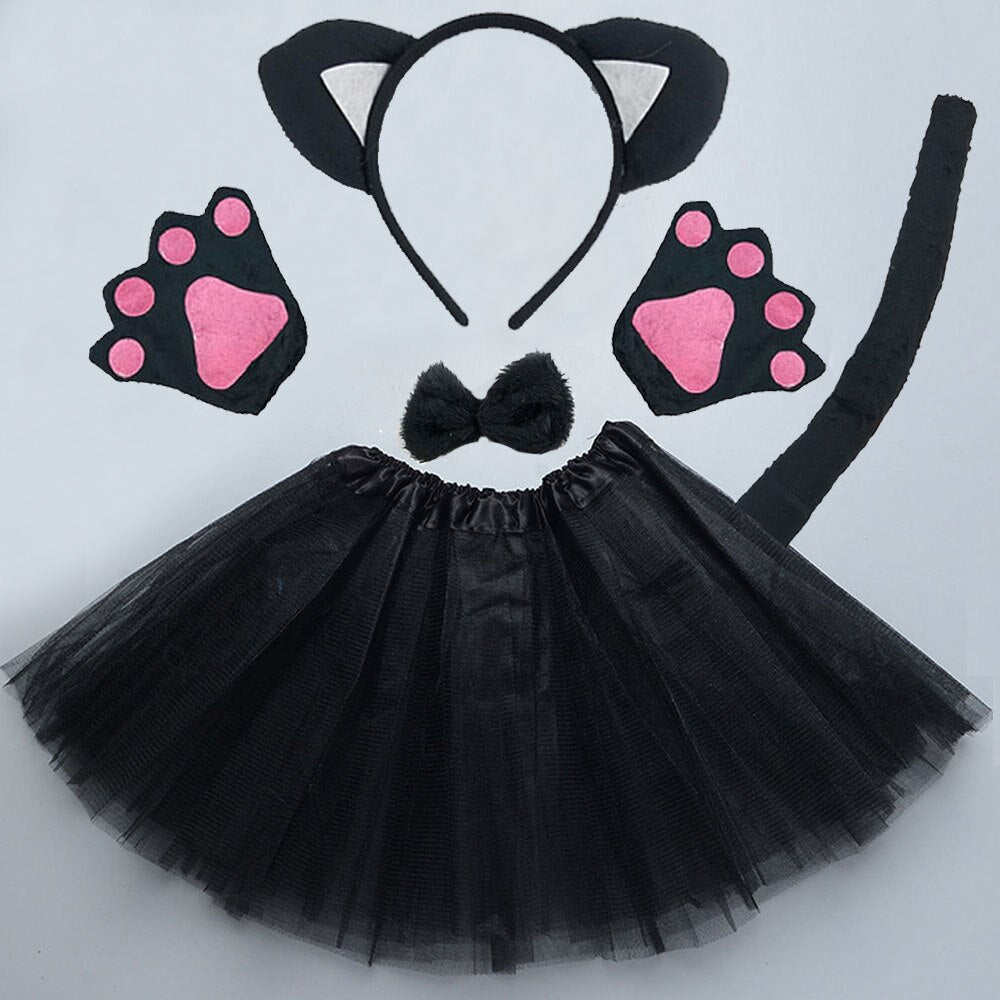 Kids Halloween Party Cosplay Black White Pink Cat Ear Headband Hairband Paw Performance Stage Dance Wear Costume Set Clothes