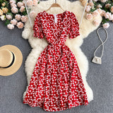 Leaf Floral Print Women Summer Short Puff Sleeve Casual Midi Dress Knee Length Square Neck Elegant Vintage Dress