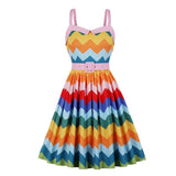 Multicolor Striped High Waist Vintage Pinup Girls 50s Pleated Spaghetti Strap Belted Dress