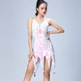 Shiny Women Latin Dance Dress Costumes Asymmetric Motel Sequin Fringe Coins Keyhole Lace-Up Back Bandage Mini Short Dress