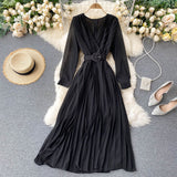 V Neck Long Sleeve Pleated Chiffon Dress Office Lady Vintage Elegant Midi Dress With Belt