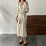 Elegant Autumn Winter Twisted Knitted Dress With Belt V Neck Long Sleeve Solid Casual Midi Dress