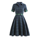 Blue and Green Plaid Vintage Women Button Up Shirt Dress with Belt