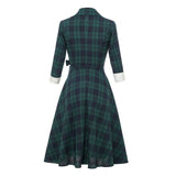 England Style Plaid Retro Office Swing Women's Dress For Party Turn Down Collar 3/4 Sleeve Elegant French A Line Tunic Dresses