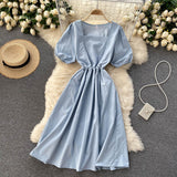 Vintage Square Neck Short Puff Sleeve Waist Back Tie Chic Casual Midi Dress