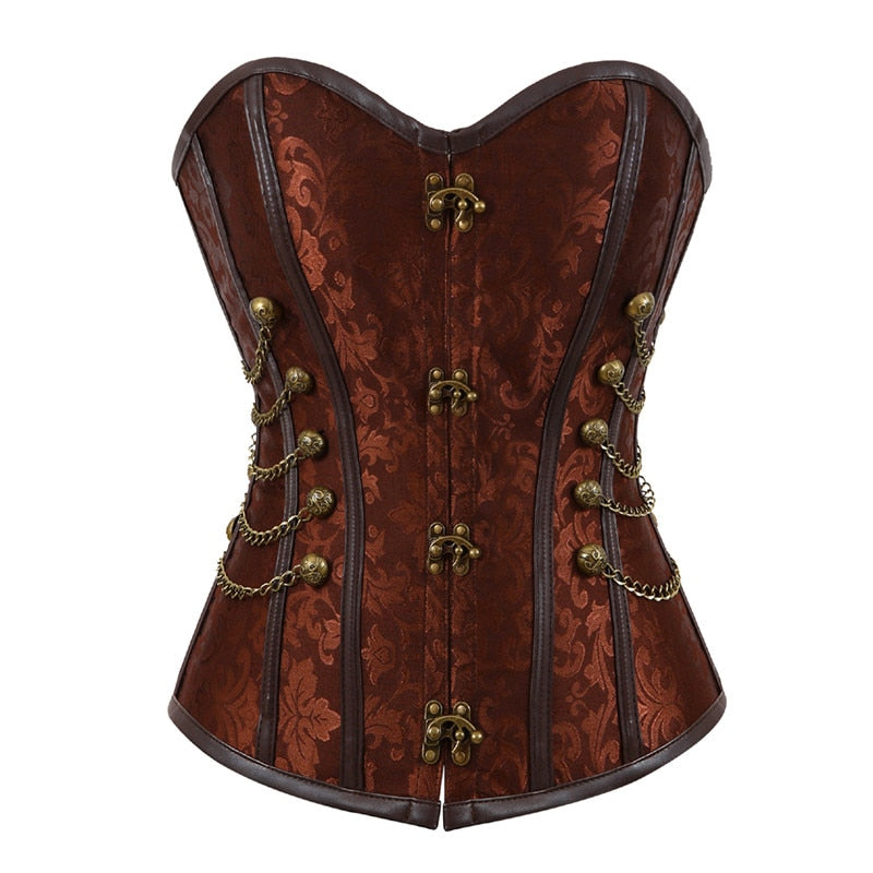 Steampunk Corset Bustiers Locking Closure Steel Boned Brocade Corselets Tops Sexy Women Vintage Chain Gothic Pirate Clothing