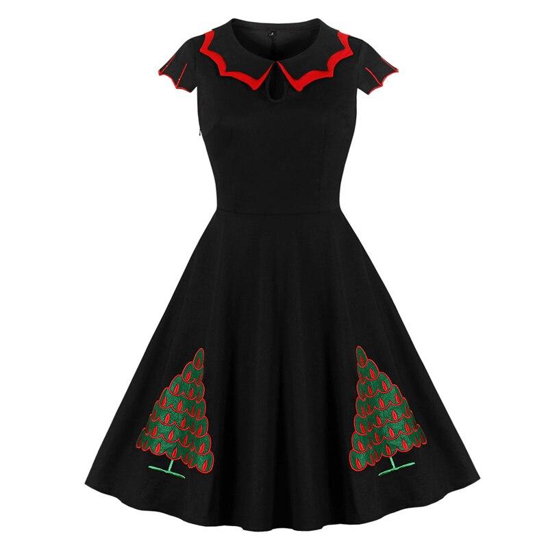 Black 50S Vintage Festival Gift Embroidery Elegant Christmas Women Keyhole Cap Sleeve A Line Cotton Dress