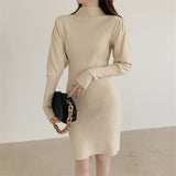 2023 Autumn Winter Fashion Sexy Half High Neck Women's Mini Knit Dress Casual Bodycon Solid Long Sleeve Ladies Dress