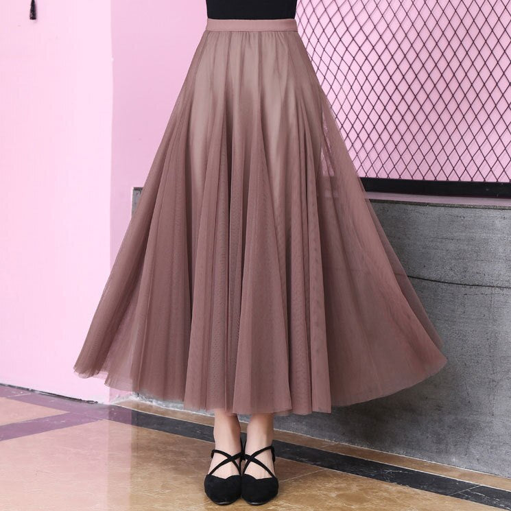 Women High Waist Mesh Solid A-Line Long Casual Pleated Skirts Streetwear