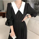 Elegant Pleated Women Spring A-Line Long Sleeve Midi Office Patchwork Dress Autumn