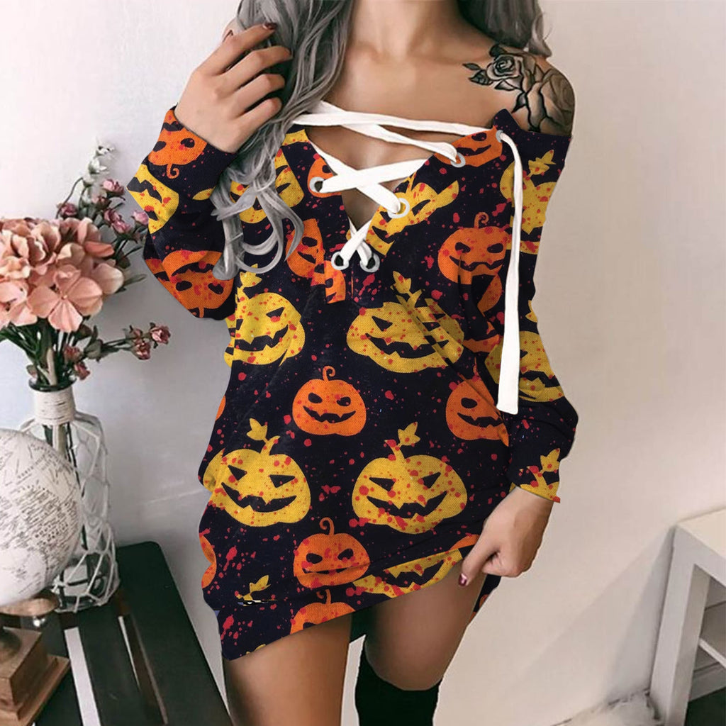 Halloween Dress Women Plus Size 2021 Vogue Pumpkin Print Off-Shoulder Strappy Long Sleeve Dress Sweater Halloween Costumes Loose